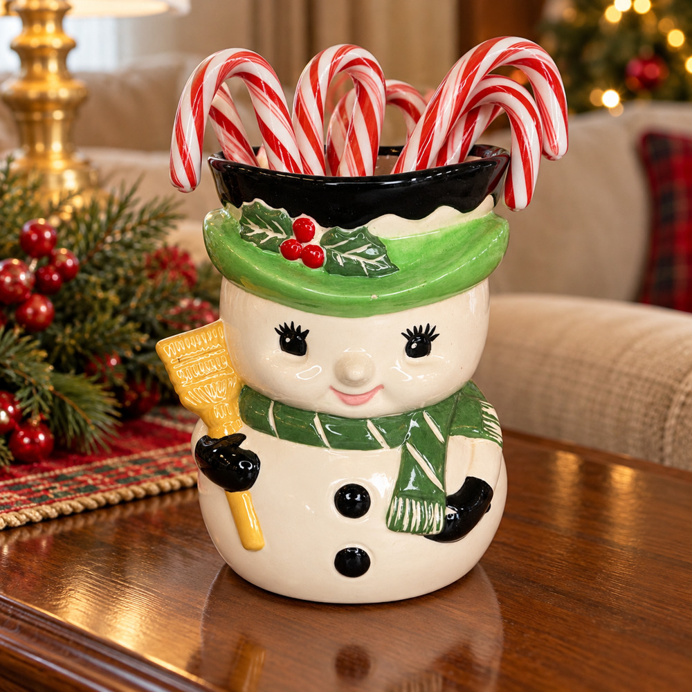 Hand Painted Ceramic Snowman Vase Candy Cane Display Winter Decor